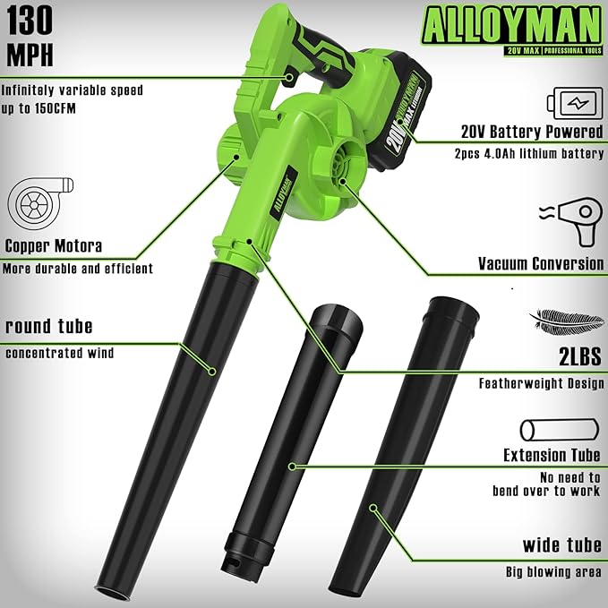 Alloyman Leaf Blower, 20V Cordless Leaf Blower, with 2 X 4.0Ah Battery & Charger, 2-in-1 Electric Leaf Blower & Vacuum for Yard Cleaning/Snow Blowing. Green