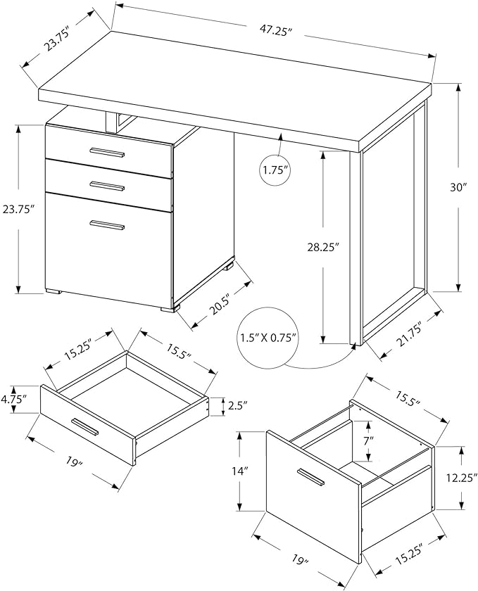 Monarch Specialties Left or Right Facing 47-Inch Modern Home Office Computer Study Writing Desk with Filing Drawer, 48"L, Grey & Silver