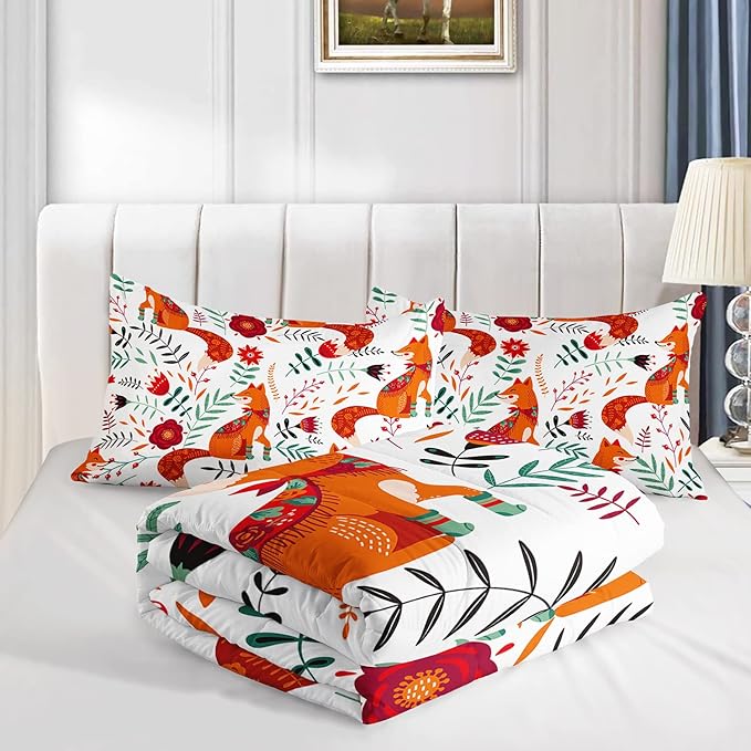 Cartoon Fox Comforter Set 3-Pieces Cute Fox Bedding Set Plants Leaves Printed Quilt Set for Kids Boys Girls with 2 Pillowcases Twin