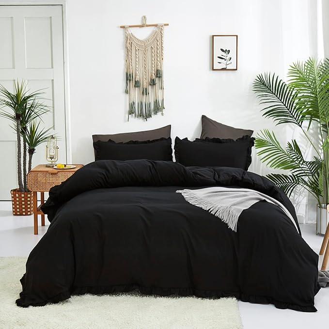 Black Ruffled Comforter Set Full Size Bedding Set Women Black Ruffles Blanket Men Black Ruffled Comforter Farmhouse Ruffle Fringe Design Girls 3 PCs Solid Black Ruffled Bedding Set