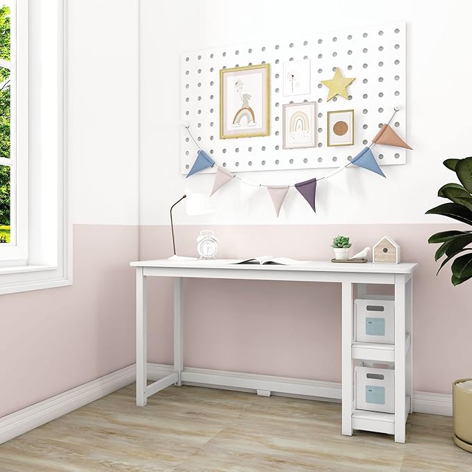 Max & Lily Solid Wood Desk With Shelves, 55 Inches, White