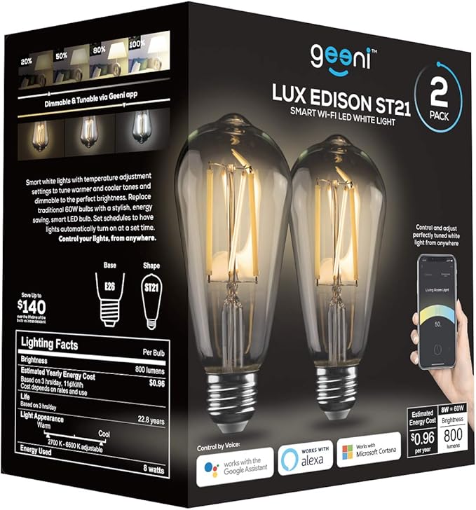 Geeni Smart Light Bulb - Alexa and Google Home Compatible, Tunable White LED Programmable and Dimmable WiFi Light Bulb, App Controlled (ST21, 2-Pack)