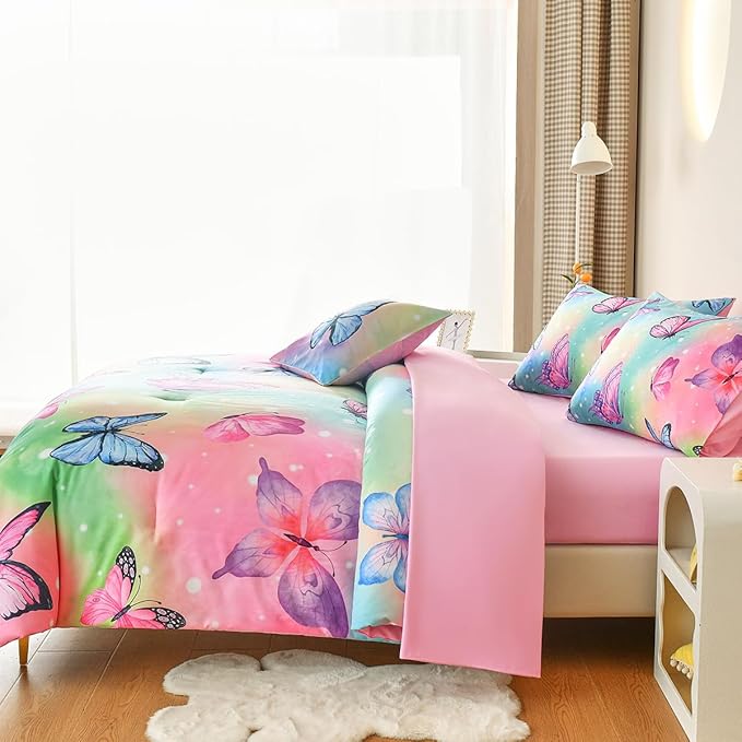Butterfly Bedding Set Twin, Pink Butterfly Comforter Set for Girls Kids Teens 6 pcs Bed in a Bag Twin Bedding Sets for Girls