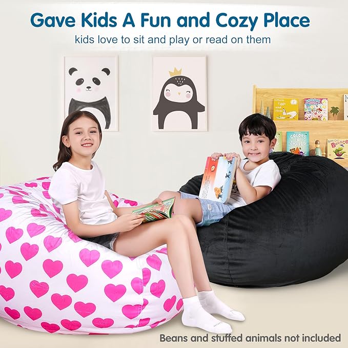 Lukeight Stuffed Animal Storage Bean Bag Chair Cover for Kids, Zipper Beanbag Chair Cover for Organizing Toddler & Kids' Rooms Plush Toys (Black, Large)
