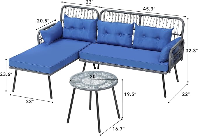 YITAHOME Patio Furniture L-Shaped Coversation Sectional Outdoor Sofa Set for Backyard, Porch with Thick Cushions Detachable Lounger, Side Table (Gray+Navy Blue)