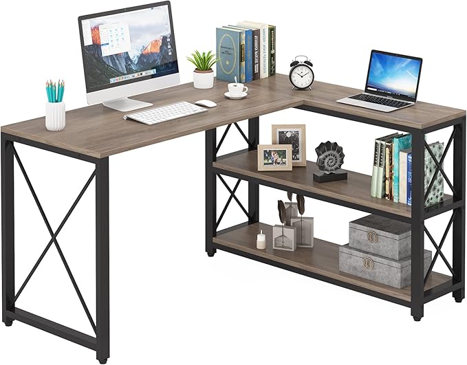 Tribesigns Reversible Industrial L-Shaped Desk with Storage Shelves, Corner Computer Desk PC Laptop Study Table Workstation for Home Office Small Space (Grey, 53")