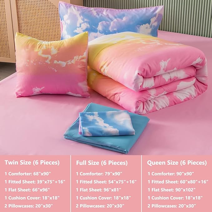 PERFEMET Full Size Bedding Sets for Girls, 6 Pieces Blue Sky and White Cloud Print Comforter Set Bed in A Bag, Rainbow Ombre Bedding Comforter Sets with Sheets (Cloud Pattern, Full)