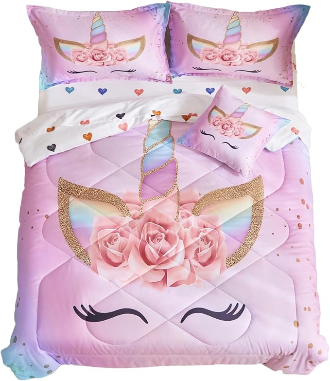 ADASMILE A & S Full Unicorn Comforter Sets for Girls 6 Pieces Pink Floral Unicorn Bedding Set with Colorful Cute Love Heart Sheets Full for Girls Unicorn Bed in a Bag Comforter for Home Decor