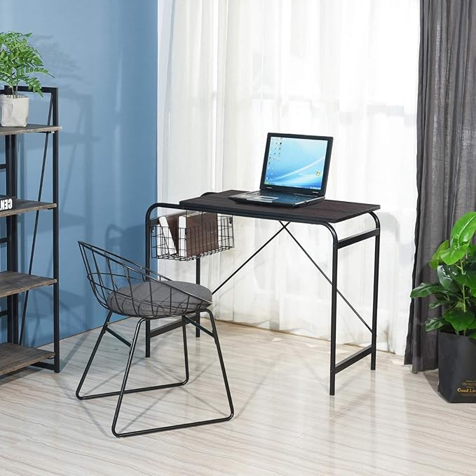 FurnitureR Home Office Computer Basket 31.5“ Wooden Laptop Table with Storage Workstation Modern Study Writing Desk, Walnut Black