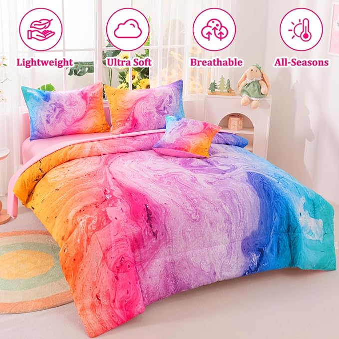Girls Twin Bedding Sets, 6 Pcs Pink Twin Szie Comforter Set with Sheets, Watercolor Marble Abstract Art Superior Bedding Set for Girls Kids