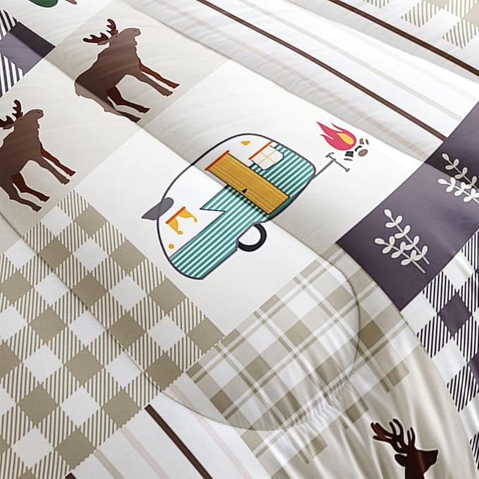 Datura home Happy Camper Comforter Set Rustic Lodge and Camper Deer Printed Quilt Bedding Set with 1 Comforter and 2 Pillowcases for Boys and Girls Bedroom All Season(Camper Full)