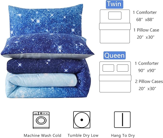 Blue Glitter Comforter Set Twin Size for Boys Girls, Sparkle Galaxy Twinkle Starlight Comforter for Kids Teen, 2 Piece Aqua Blue Navy Ombre Bedding Set with 1 Pillow Case(Blue,Twin)