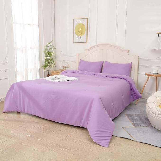 Lavender Purple Comforter King Size, Modern Bedding Set for Girls/Women, Cute Soft & Lightweight Chic Microfiber Bed Sets, 3 pcs-1 Comforter & 2 Pillowcases (104"x90")