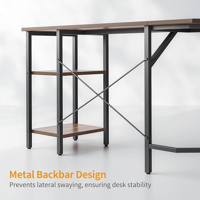 BANTI L Shaped Desk with Shleves, 58 inch Large Corner Desk with Two Storage, Space Saving, Easy to Assemble, Brown