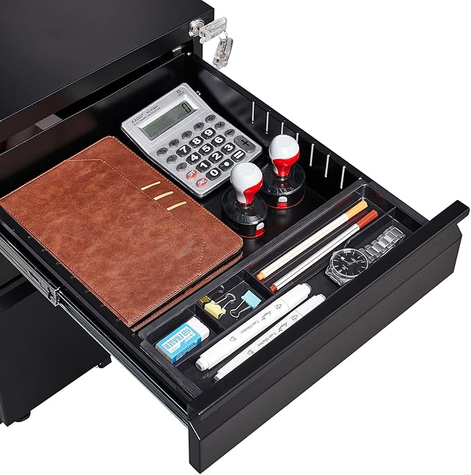 3-Drawer Mobile Lock and 5 Casters,Pre-Assembled Metal Office Storage Filing Cabinets w/ 1 Removable Hanging Rods,for Legal/Letter Size,Black