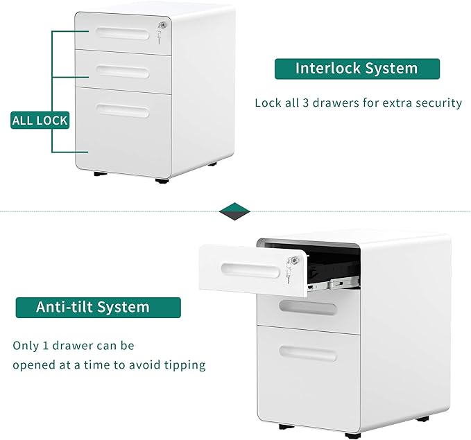 YITAHOME 3-Drawer Metal Mobile File Cabinet, Rolling Filing Cabinet with Lock, Filing Cabinet Under Desk fits Legal/A4 Size for Home/Office, Fully Assembled,White