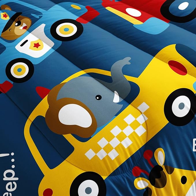Datura home Kids Cartoon Car Comforter Set for Boys Children,Transportation Car Police Car Kawaii Animals Printed Bedding with 1 and 2 Pillowcases(Cartoon Car Queen), Queen 90x90inches