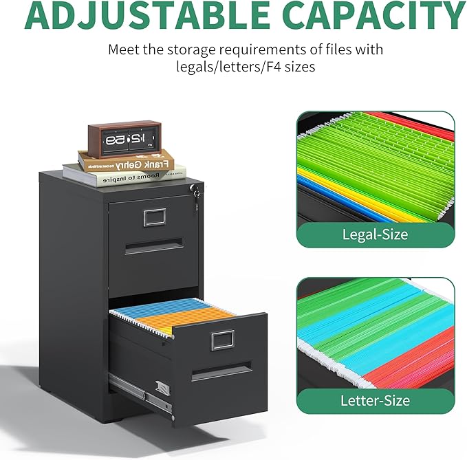 2 Drawer File Cabinet,Metal Filing Cabinets with Lock,Black Vertical File Cabinet for Home Office,Heavy Duty Metal Storage Cabinet for A4/Letter/Legal Size File,Assembly Required