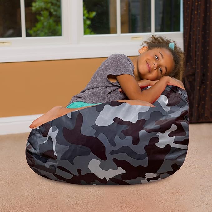 Posh Creations Bean Bag Chair for Kids, Teens, and Adults Includes Removable and Machine Washable Cover, Soft Nylon - Camo Dark and Black Gray, 27in - Medium