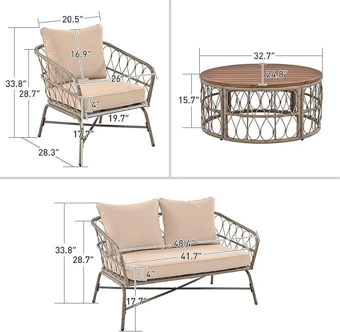 Merax Outdoor Patio Furniture Sets, Bohemia-Inspired Wicker Conversation Seating Group, with Soft Cushions and Wood Tabletop, 4 PCS, Beige