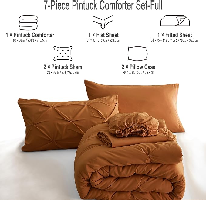 Ubauba 7pc Burnt Orange Comforter Set Full Size, 7 Pieces Pintuck Bed in a Bag Rust Bed Set with Comforter and Sheets, Bedding Comforters & Sets (Rustic, Full)