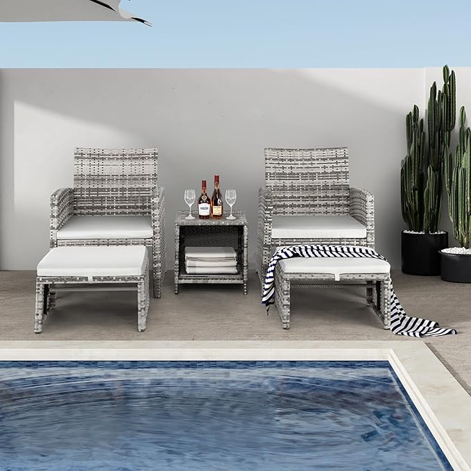 Outvita 5 Pieces Patio Furniture Set, Outdoor Rattan Sectional Sofa Conversation Sets with Coffee Table, Single Sofa and Ottoman for Garden Backyard Balcony Porch Poolside(Gray Gradient)