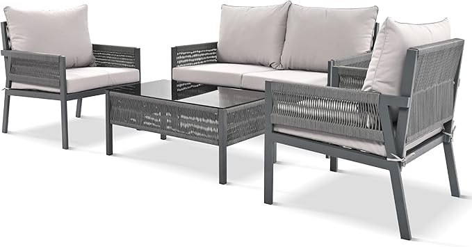 4 Piece Patio Furniture Set, Outdoor FSC Certified Acacia Wood Conversation Set, All-Weather Rope Sofa Set w/Tempered Glass Table, Loveseat for Lawn Balcony Poolside, Backyard, Backyard
