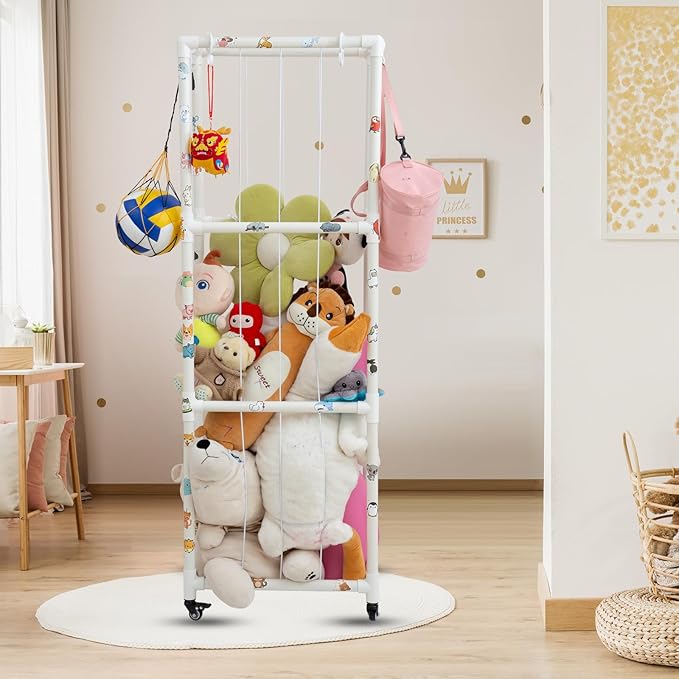 X-Large Plush Stuffed Animal Zoo Cage with Wheels, 67.7'' Stuffed Animal Storage Zoo Holder Standing, Toy Storage Organizer Shelves Basket with Net for Playroom, Bedroom, Nursery