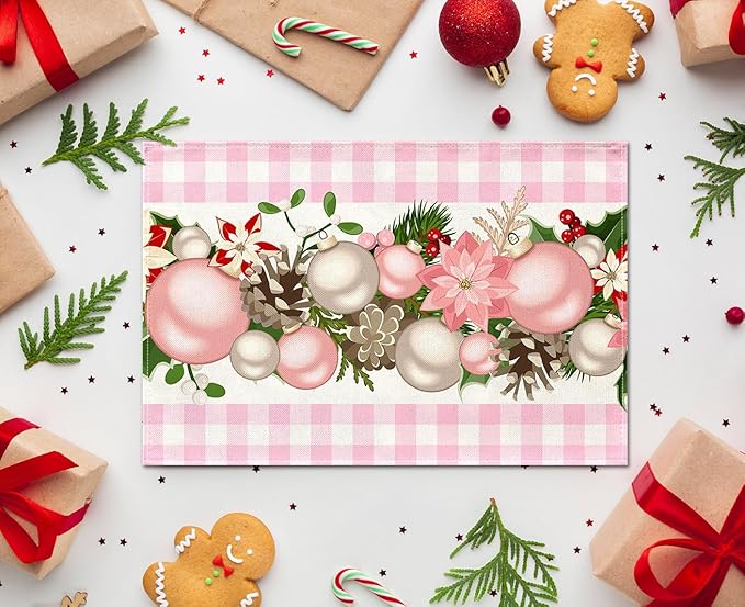 Nepnuser Pink and White Gingham Christmas Placemats Set of 4 Buffalo Check Plaid Xmas Decoration for Home Kitchen Dining Table Decoration