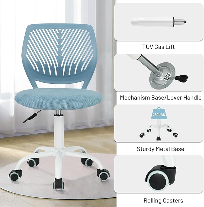 FurnitureR Kids Desk Chair, Small Mid Back Adjustable Swivel Computer Task Study Chair for Student, Fabric Armless Cute Rolling Children Office Chair, Light Blue