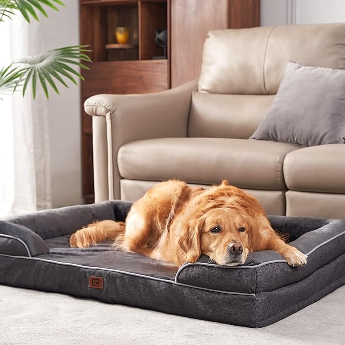 EHEYCIGA Orthopedic Dog Bed for Large Dogs, Waterproof Memory Foam with Sides, Non-Slip Bottom and Egg-Crate Foam Couch Bed with Washable Removable Cover, Dark Grey