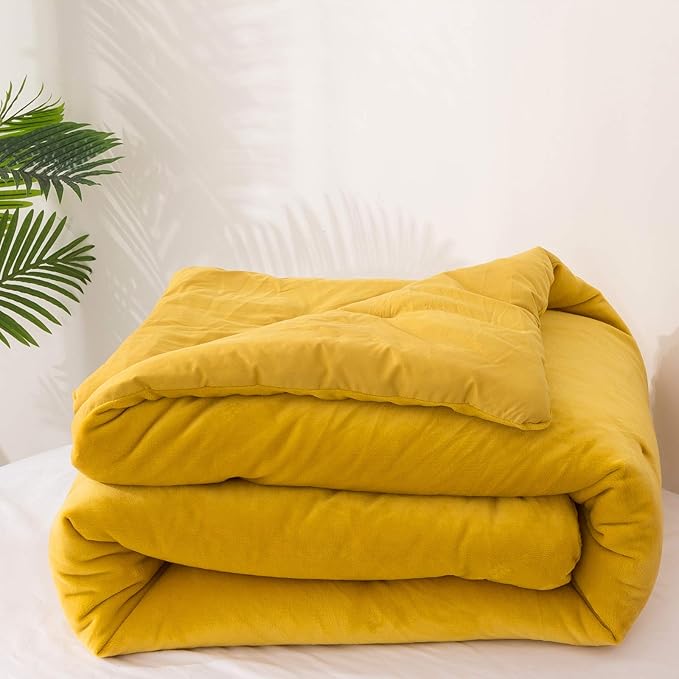 Wellboo Mustard Velvet Comforter Sets Queen Women Turmeric Yellow Fluffy Bedding Comforters Teen Girls Dark Yellow Plush Quilts Soft Warm Winter Flannel Blankets Solid Yellow Luxury Shaggy Crystal Bed