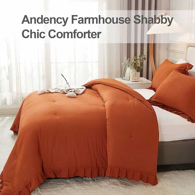 Andency California King Comforter Set Burnt Orange (104x96Inch), 3 Pieces Cal King Ruffle Comforter, Oversized Farmhouse Shabby Chic Bed Comforter, Lighteweight and Soft Microfiber Bedding Set