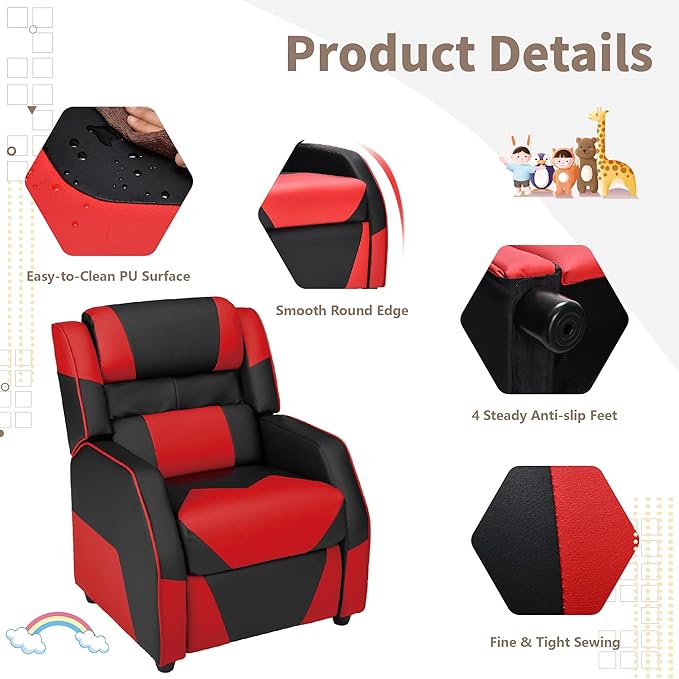 RACER Larger Kids Gaming Chair Leather Recliner Sofa Children Ages 3-12, BlackRed