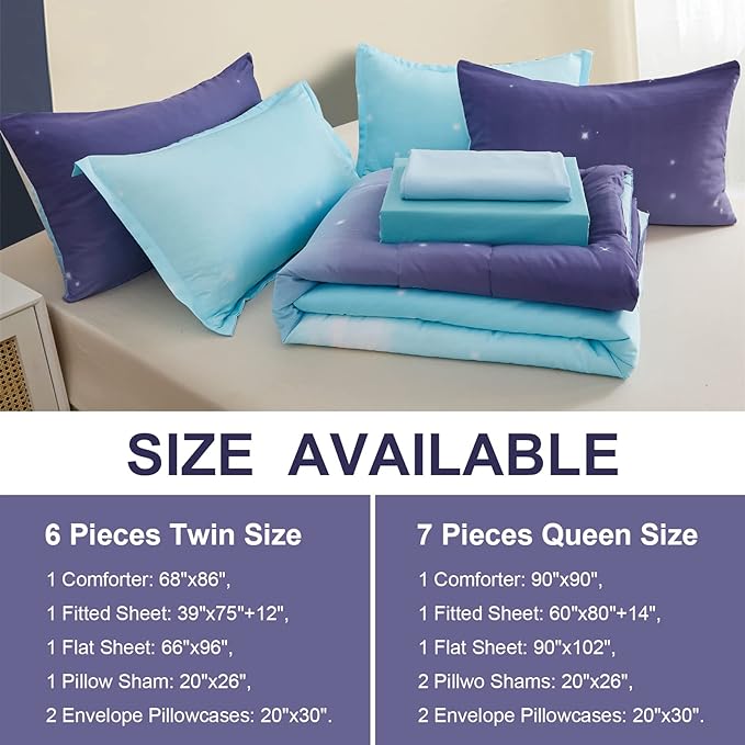 Girls Comforter Set Twin Size 6 Pieces Bed in A Bag Colorful Ombre Blue Purple Rainbow Bedding Set for Kids Teen (1 Comforter, 1 Flat Sheet, 1 Fitted Sheet, 1 Pillow sham, 2 Pillowcases)