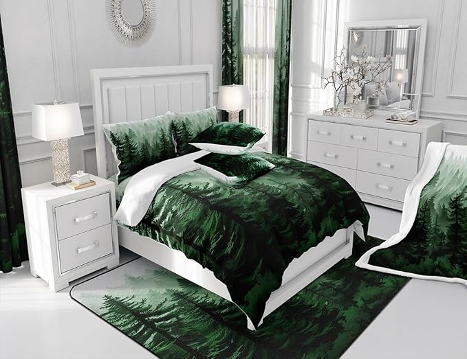 Feelyou Fog Forest Comforter Botanical Pine Trees Comforter Set for Boys Girls Children Watercolor Style Green Comforter Set Room Decor Queen Size Duvet Set 3Pcs