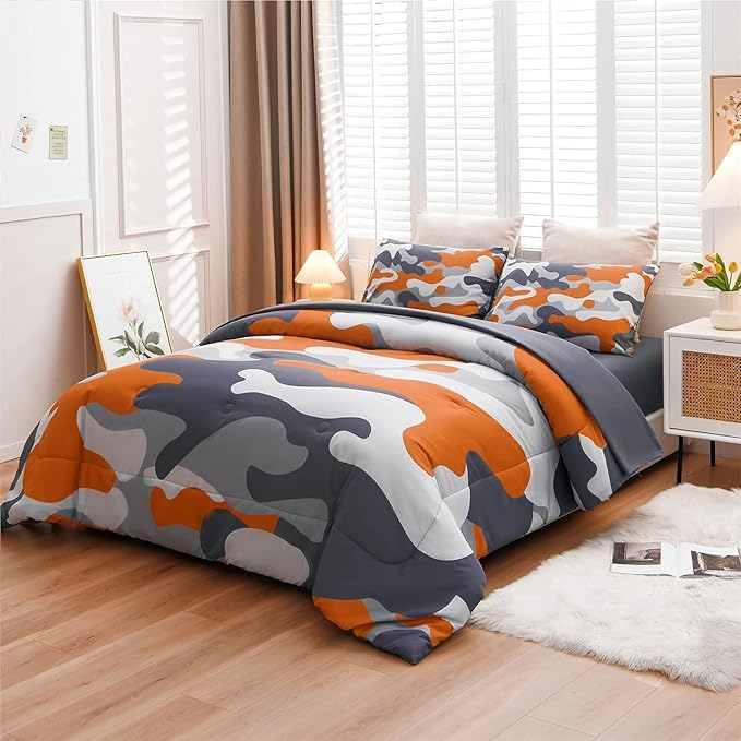Meeting Story Camouflage Bedding Set, Colorful Pattern Style Comforter Set, 5 PCS One Comforter Two Pillowcases Two Sheets in One Bag, All Season Bedspread for Teens Adults (Orange, Queen 5Pcs)