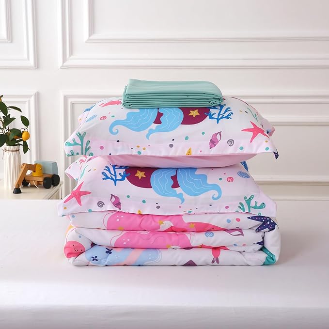 Wajade Kids Mermaids Comforter Set Bed in A Bag Twin Size 7 Piece Colorful 3D Cartoon Mermaids Bedding Set for Girls (1 Comforter, 1 Flat Sheet, 1 Fitted Sheet, 2 Pillowcase and 2 Pillow Sham)