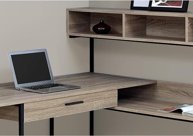 Monarch Specialties Workstation for Home & Office with Multiple Shelves and Drawer L-Shaped Corner Desk with Hutch, 60" L, Dark Taupe/Black Frame