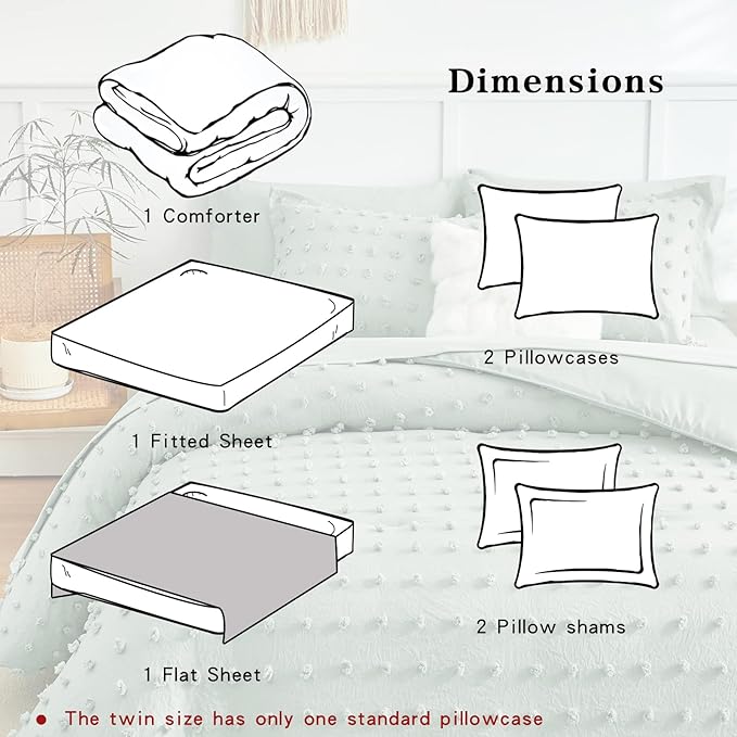 7 Pieces Tufted Dots Bed in a Bag Queen Comforter Set with Sheets Green , Soft and Embroidery Shabby Chic Boho Comforters, Solid Color with Pom Pom Design, Jacquard Tufts Bedding Set for All Season