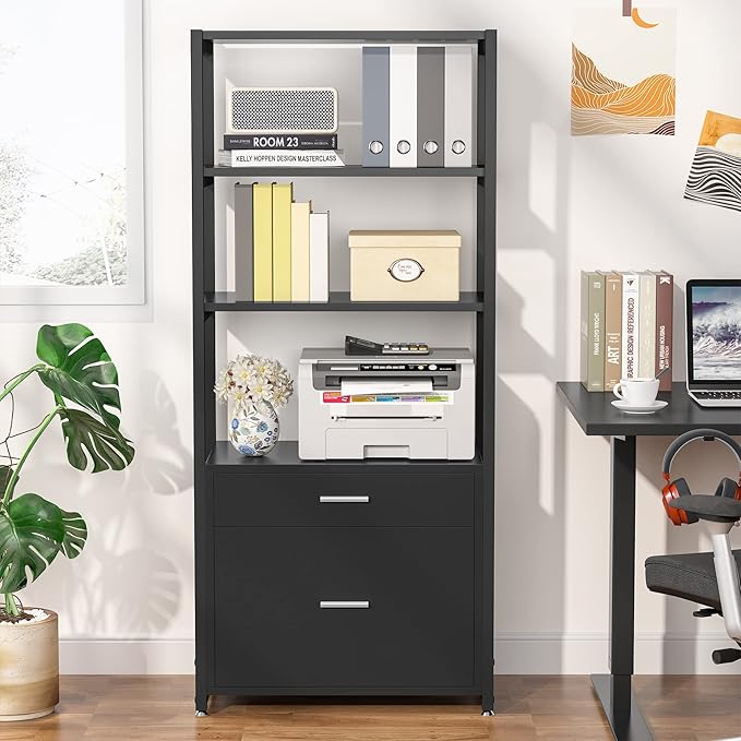 Tribesigns Bookcase Bookshelf, 4-Tier Modern File Cabinet with 2 Drawers, Lateral Filing Cabinet accommodate Legal/Letter / A4 Size for Home Office Organizer