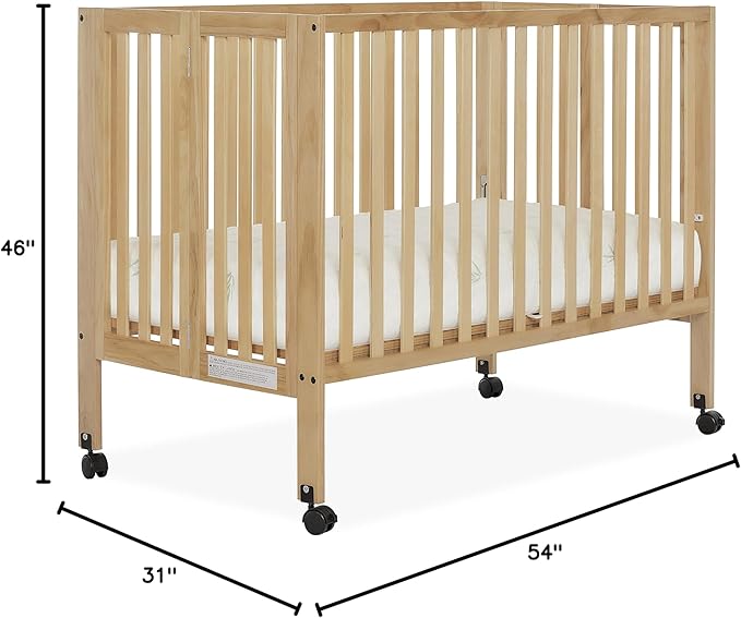 Quinn Full-Size Folding Crib in Natural, Removeable Wheels, Modern Nursey, Adjustable Mattress Support, Portable Crib, Patented Folding System
