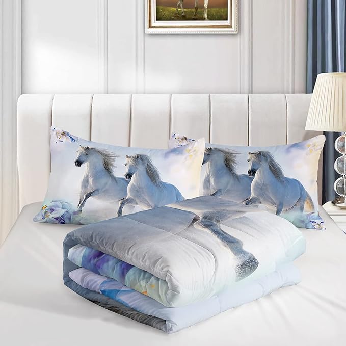 Kid Galloping Horse Comforter Set Floral Butterfly Horse Bedding Set for Boys Girls Adult, 1 Comforter + 2 Pillowcases