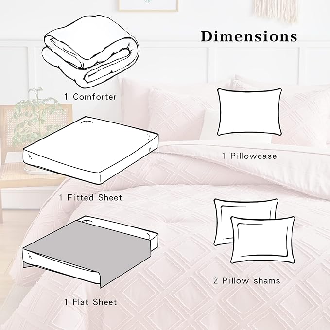 6 Pieces Tufted Bed in a Bag Twin Comforter Set with Sheets Blush, Soft and Embroidery Shabby Chic Boho Bohemian, Luxury Solid Color with Diamond Pattern, Jacquard Tufts Bedding Set for Kids Girls