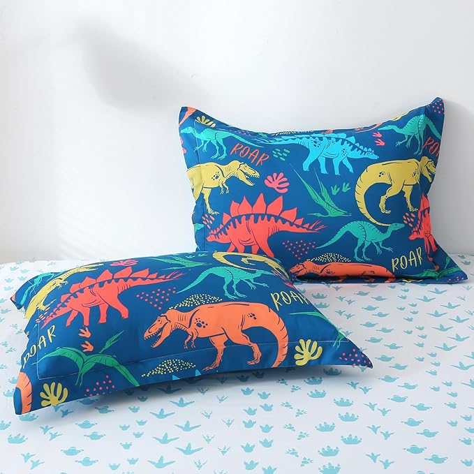Wajade Boys Dinosaur Comforter Set Bed in A Bag Full Size 7 Piece 3D Blue Dinosaur Print Bedding Set for Kids Teens(1 Comforter, 1 Flat Sheet, 1 Fitted Sheet, 2 Pillowcase and 2 Pillow Sham)