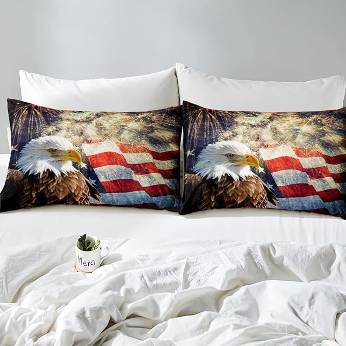 Erosebridal American Flag Comforter Eagle Room Decorative Comforter Set Full Size Firework Bedding Set Wildlife Animal Bird Down Comforter Soft Lightweight Quilt Set with 2 Pillowcases