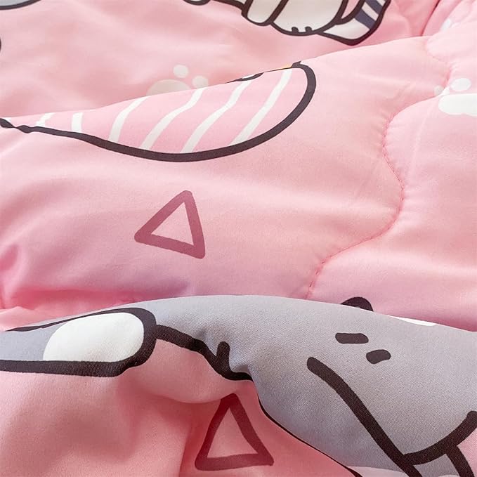 7 Piece Girls Cat Comforter Set Full Size Bed in A Bag Pink Cute Cartoon Pet Cats Bedding Set for Kids Boys Teens (1 Comforter, 1 Flat Sheet, 1 Fitted Sheet, 4 Pillow Sham) Gray