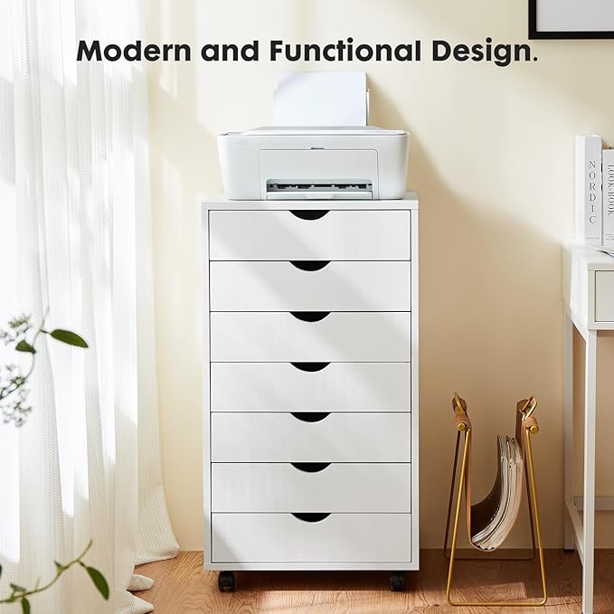 OLIXIS 7 Drawer Chest Wood File Cabinet Rolling Organization Storage Dresser with Wheels for Home Office, 15.75" D x 18.74" W x 34.25" H, White