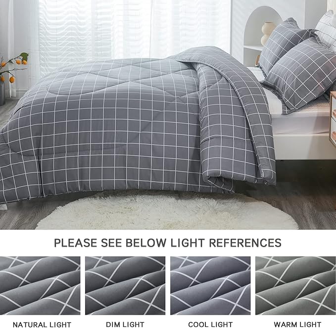 Andency Grey Grid Comforter Set King Size (104x90 inch), 3 Pieces (1 Grey Comforter and 2 Pillowcases), Summer Lightweight Microfiber Down Alternative Bedding Comforter Sets with White Lines