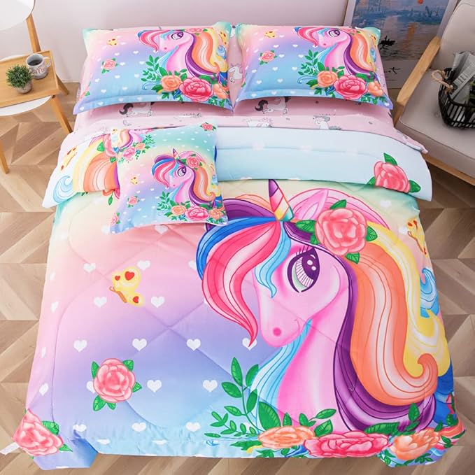 ADASMILE A & S Unicorn Comforter Set Twin with Sheets 6 Pieces Floral Pink Unicorn Bedding Set for Girls Kids Unicorn Sheets Soft Bed-in-a-Bag Comforter Reversible Bed Comforter Set for Home Decor